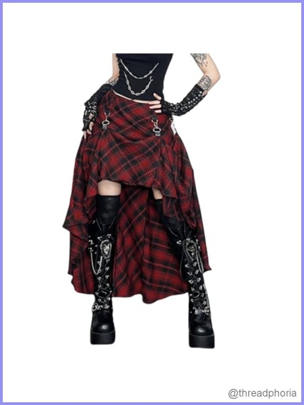 Vintage Hi Low Ruffled Plaid Skirt Women Goth Punk Asymmetrical Long